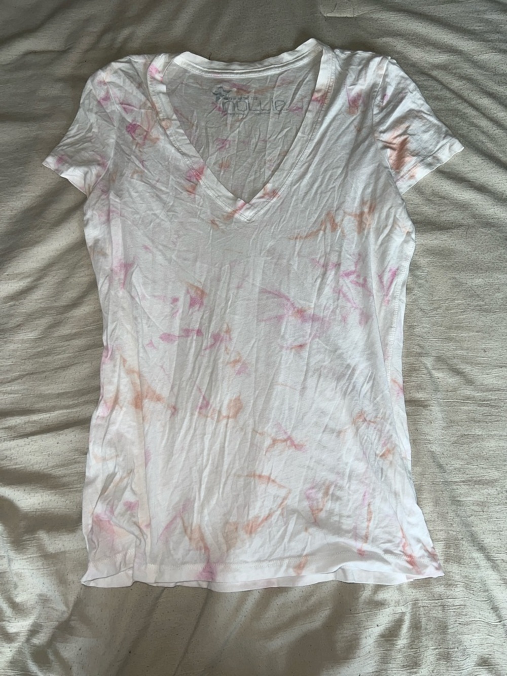 Noelle White V-Neck Tee with Pink & Peach Tie-Dye